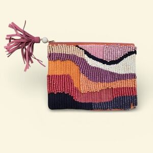 Anthropologie Nessa Multicolor Beaded Pouch, Suede & Cotton, Pink Tassel